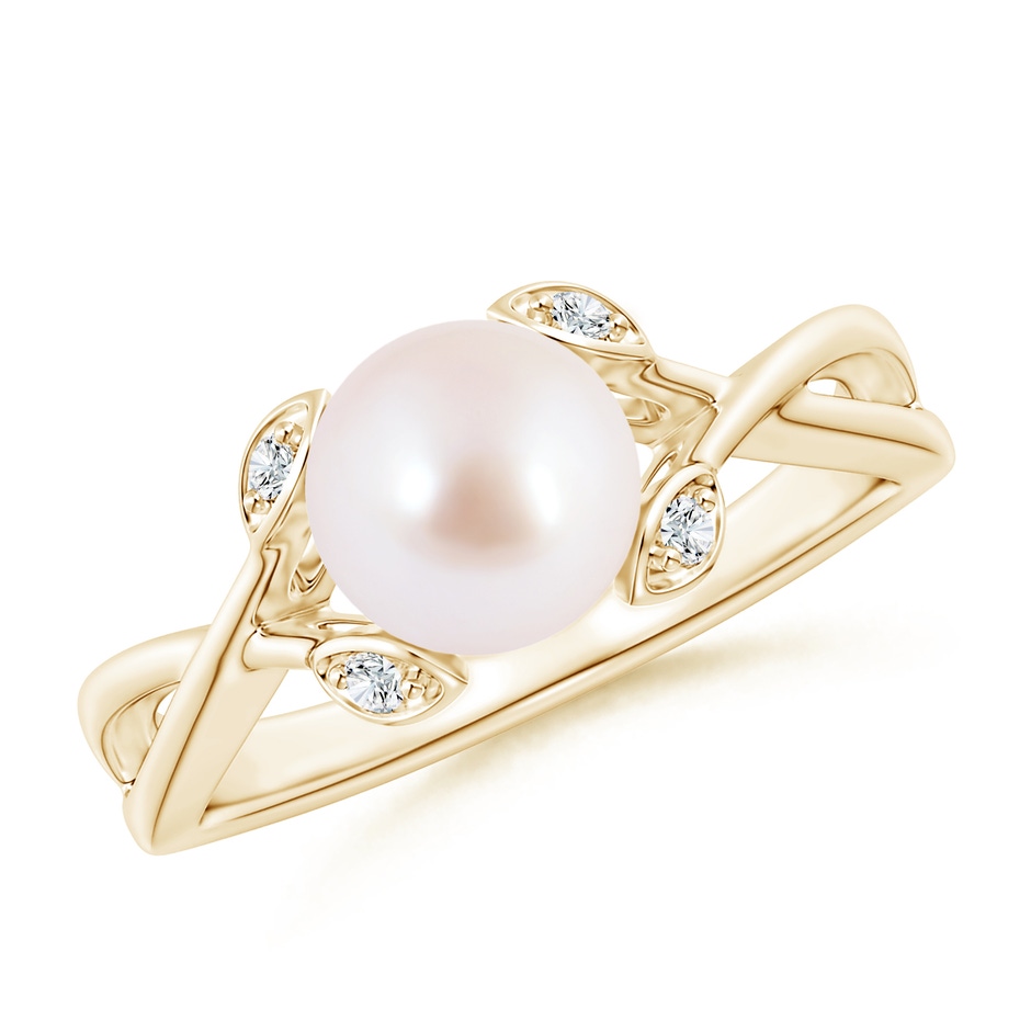 7mm AAA Japanese Akoya Pearl Crossover Shank Engagement Ring in Yellow Gold 
