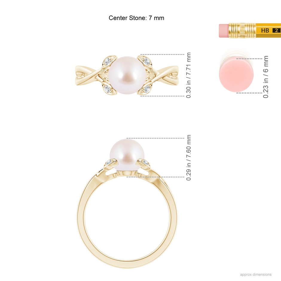 7mm AAA Japanese Akoya Pearl Crossover Shank Engagement Ring in Yellow Gold ruler