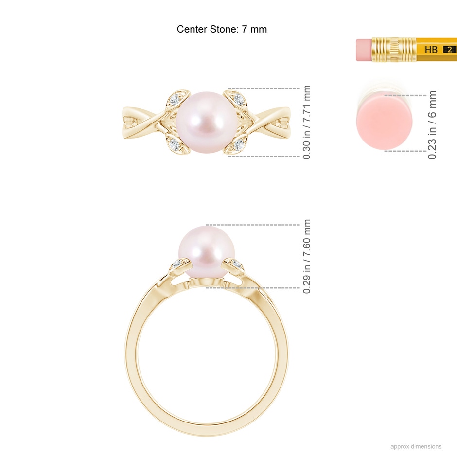7mm AAAA Japanese Akoya Pearl Crossover Shank Engagement Ring in Yellow Gold ruler