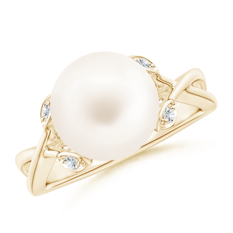 10mm AA Freshwater Pearl Crossover Shank Engagement Ring in Yellow Gold 