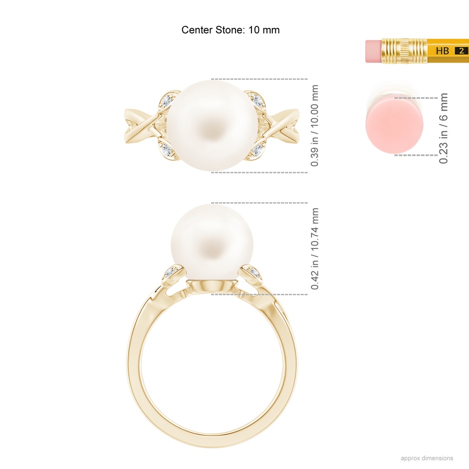 10mm AA Freshwater Pearl Crossover Shank Engagement Ring in Yellow Gold ruler