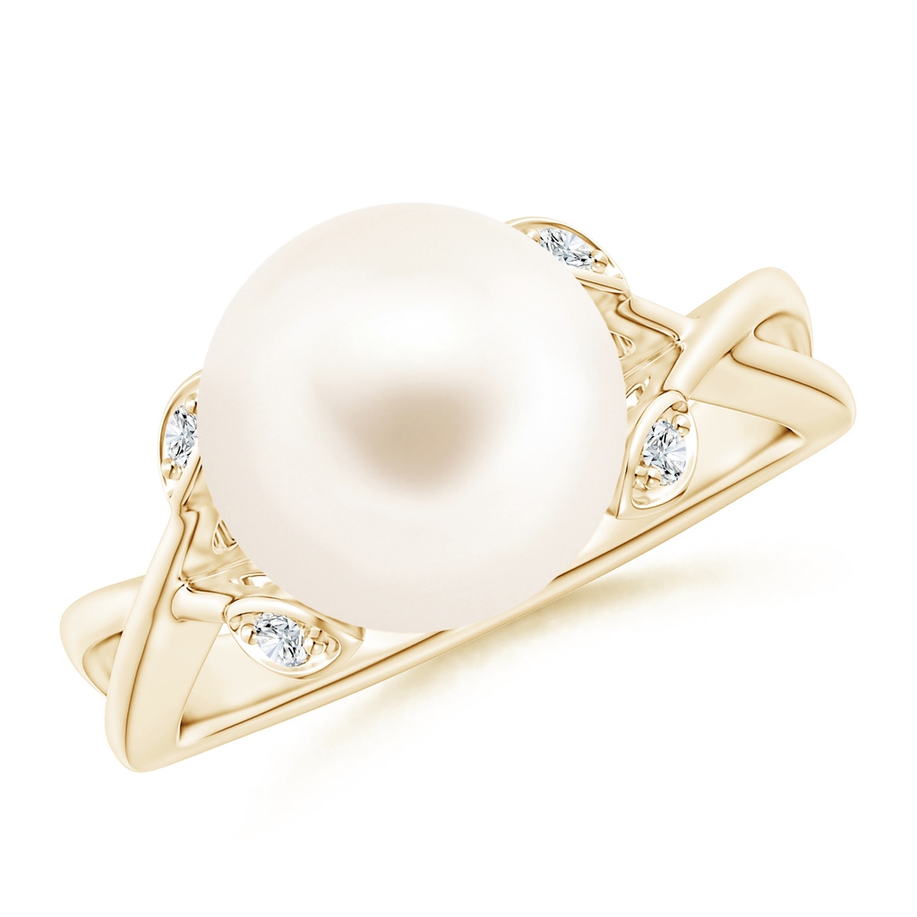 10mm AAA Freshwater Pearl Crossover Shank Engagement Ring in Yellow Gold