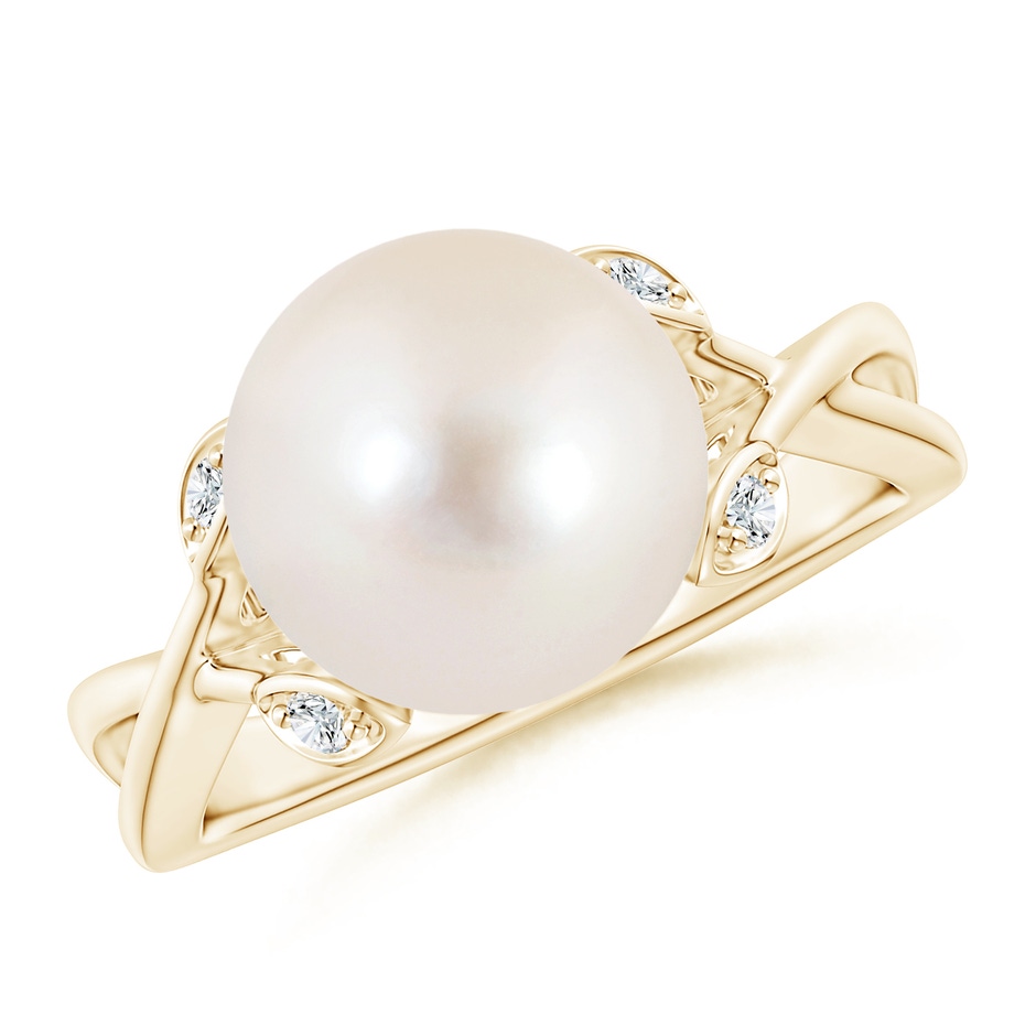 10mm AAAA Freshwater Pearl Crossover Shank Engagement Ring in Yellow Gold 