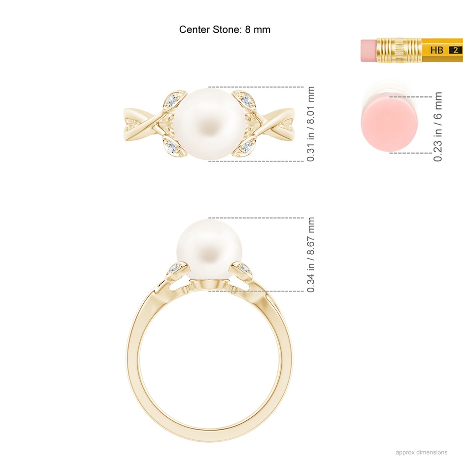 8mm AA Freshwater Pearl Crossover Shank Engagement Ring in Yellow Gold ruler