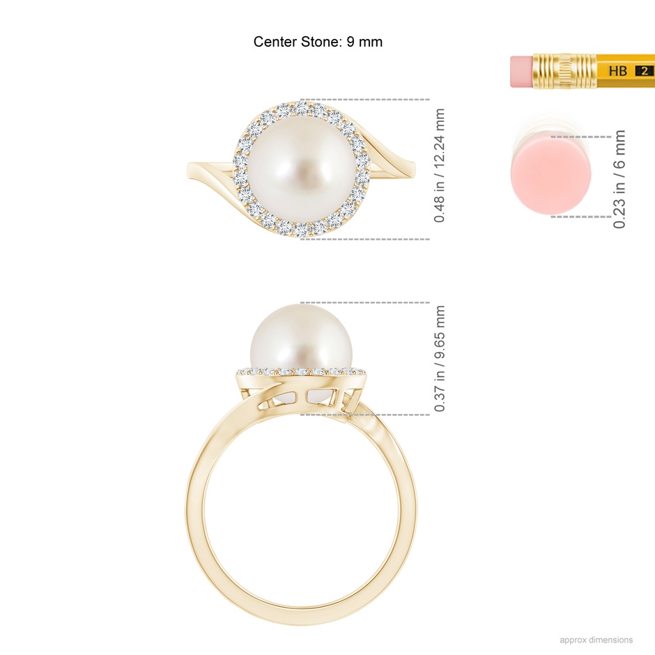 9mm AAAA South Sea Pearl & Diamond Halo Bypass Ring in Yellow Gold ruler