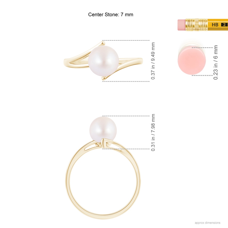 7mm AA Solitaire Japanese Akoya Pearl Bypass Split Shank Ring in Yellow Gold ruler