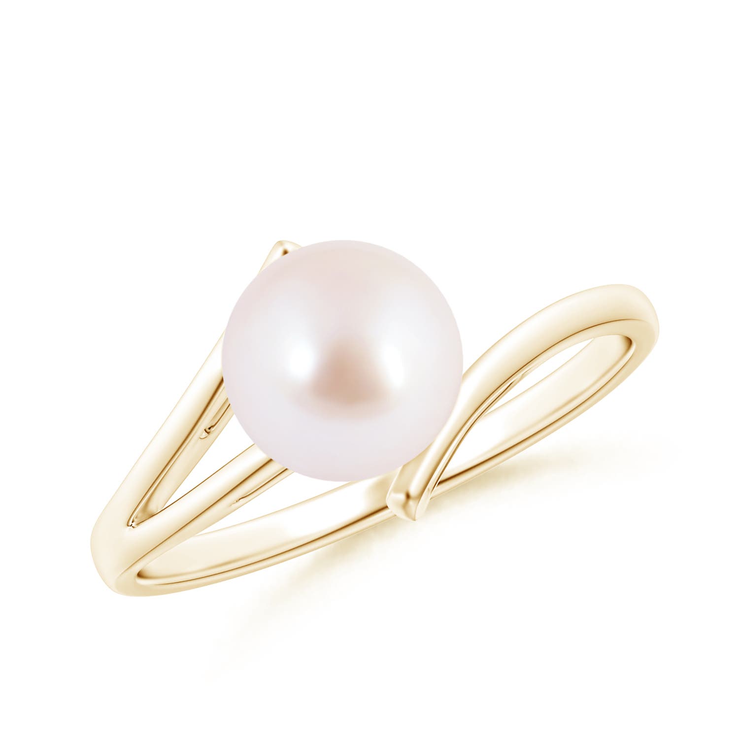7mm AAA Solitaire Japanese Akoya Pearl Bypass Split Shank Ring in Yellow Gold