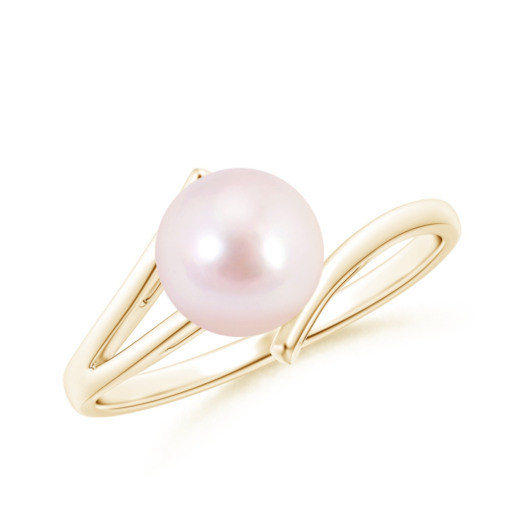 7mm AAAA Solitaire Japanese Akoya Pearl Bypass Split Shank Ring in Yellow Gold