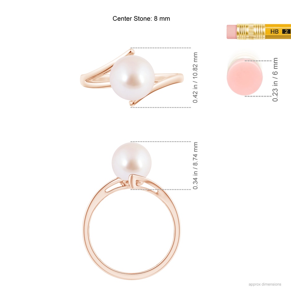 8mm AAA Solitaire Japanese Akoya Pearl Bypass Split Shank Ring in Rose Gold ruler