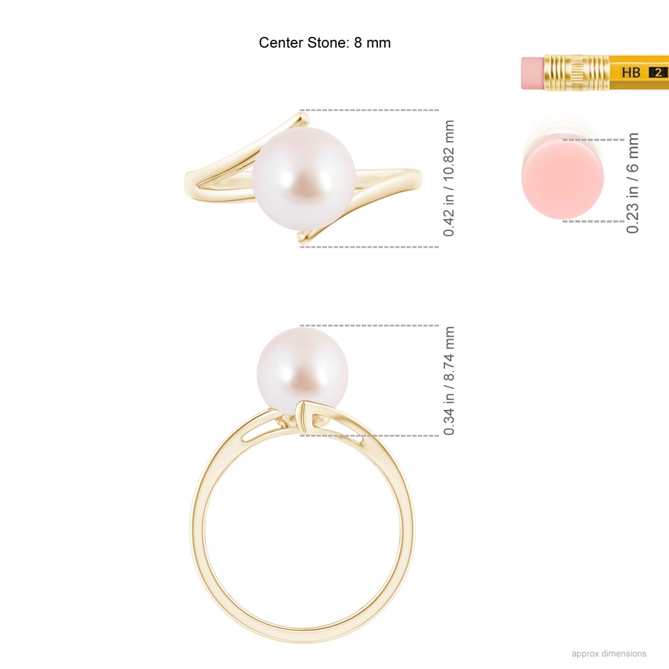 8mm AAA Solitaire Japanese Akoya Pearl Bypass Split Shank Ring in Yellow Gold ruler