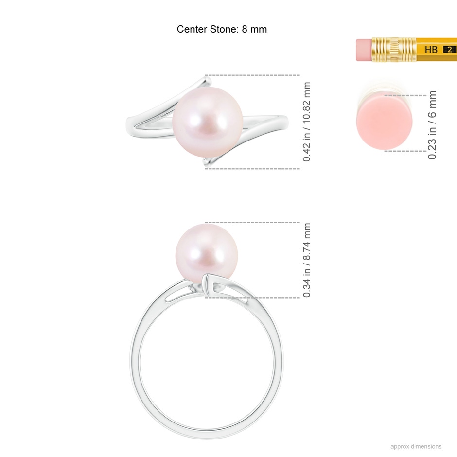 8mm AAAA Solitaire Japanese Akoya Pearl Bypass Split Shank Ring in White Gold ruler
