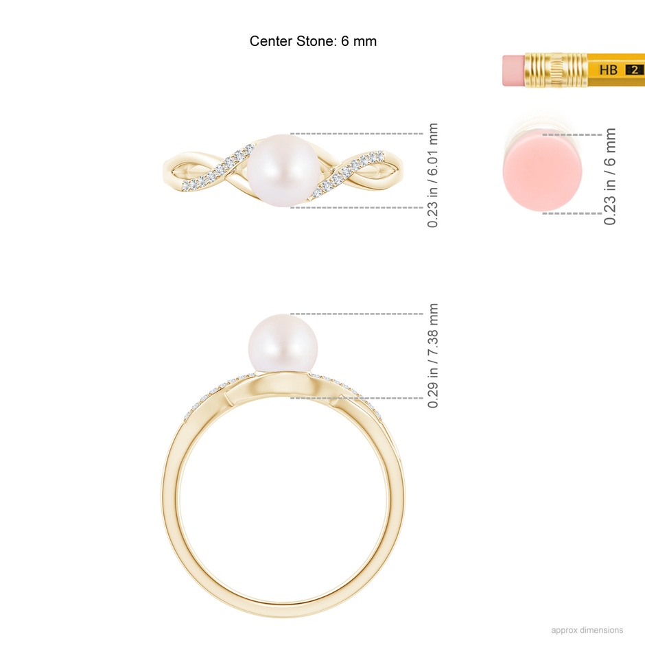 6mm AA Japanese Akoya Pearl Criss Cross Shank Engagement Ring in Yellow Gold ruler
