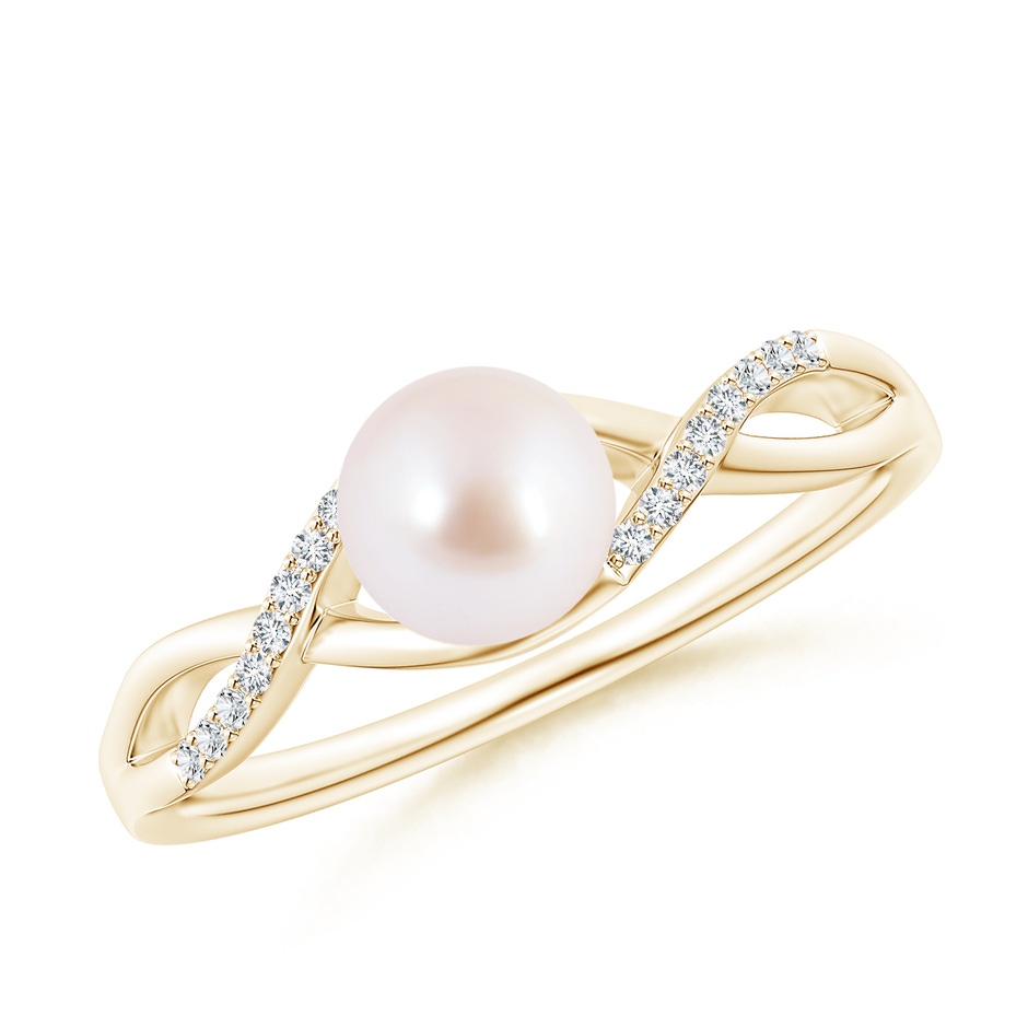 6mm AAA Japanese Akoya Pearl Criss Cross Shank Engagement Ring in Yellow Gold 