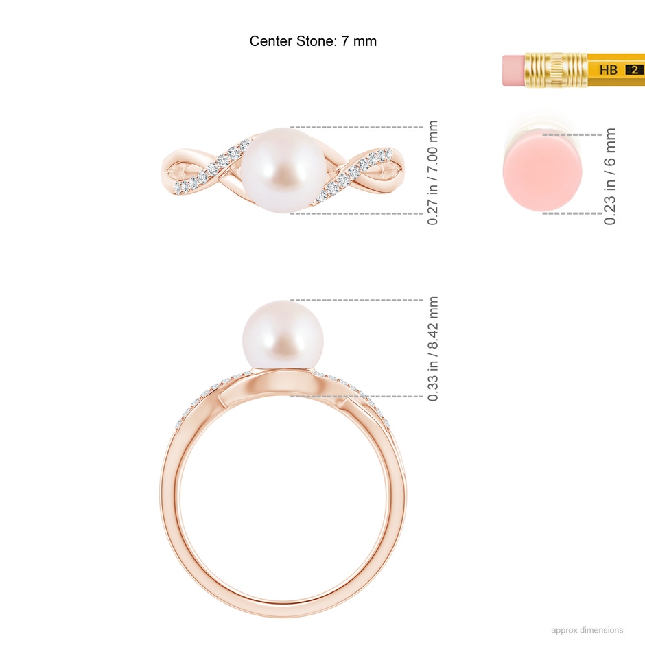 7mm AAA Japanese Akoya Pearl Criss Cross Shank Engagement Ring in Rose Gold ruler