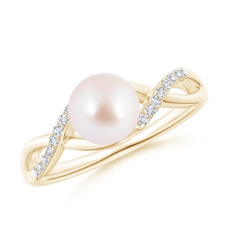 7mm AAA Japanese Akoya Pearl Criss Cross Shank Engagement Ring in Yellow Gold