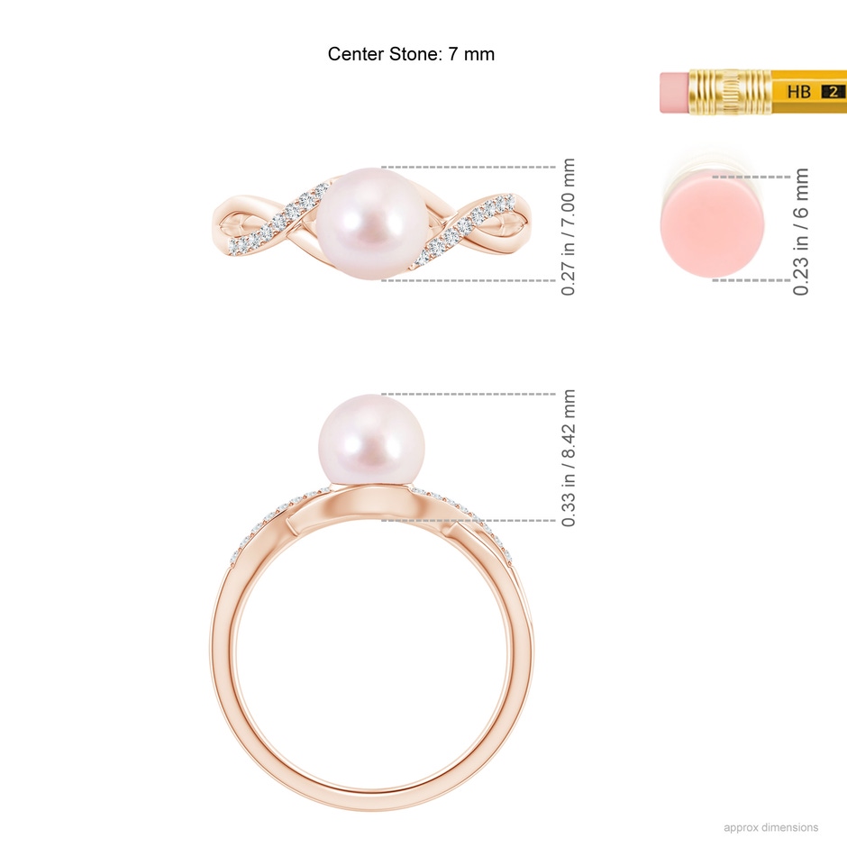 7mm AAAA Japanese Akoya Pearl Criss Cross Shank Engagement Ring in 18K Rose Gold ruler