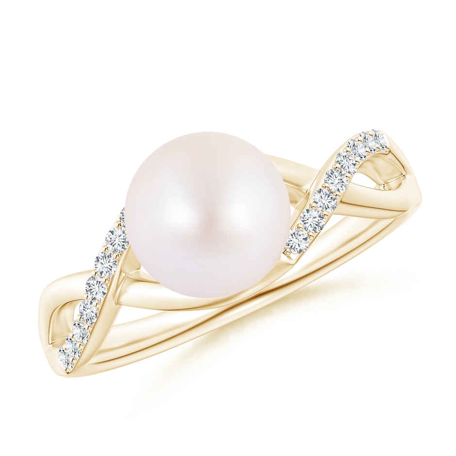 8mm AA Japanese Akoya Pearl Criss Cross Shank Engagement Ring in 18K Yellow Gold 