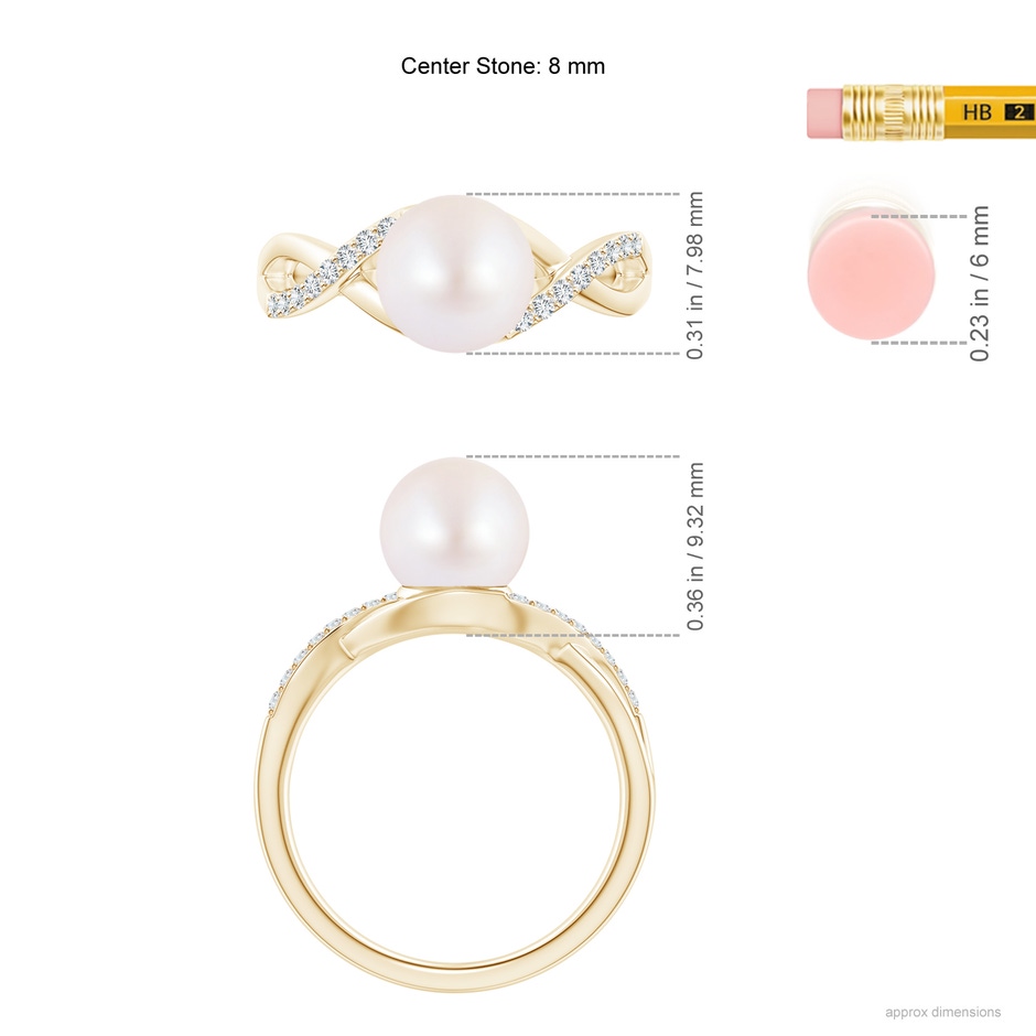 8mm AA Japanese Akoya Pearl Criss Cross Shank Engagement Ring in 18K Yellow Gold ruler