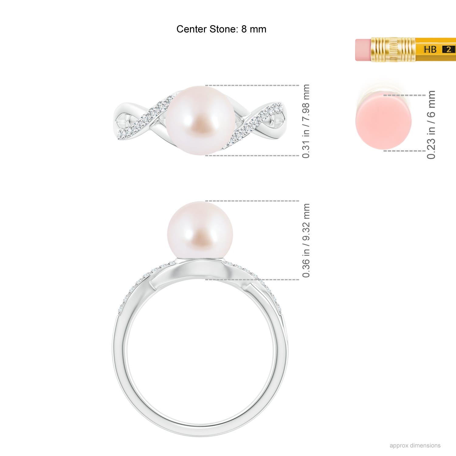 8mm AAA Japanese Akoya Pearl Criss Cross Shank Engagement Ring in White Gold - ruler