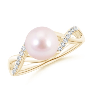 8mm AAAA Japanese Akoya Pearl Criss Cross Shank Engagement Ring in Yellow Gold