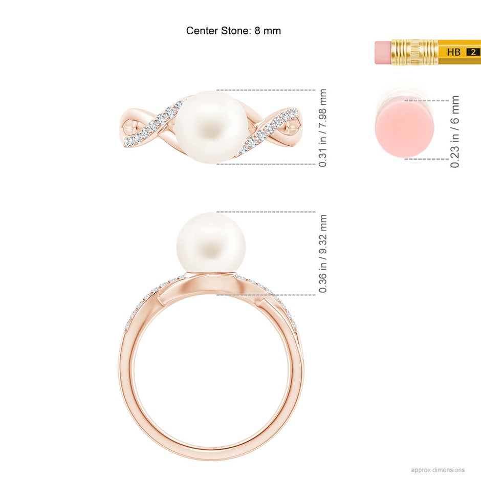 8mm AA Freshwater Pearl Criss Cross Shank Engagement Ring in Rose Gold ruler