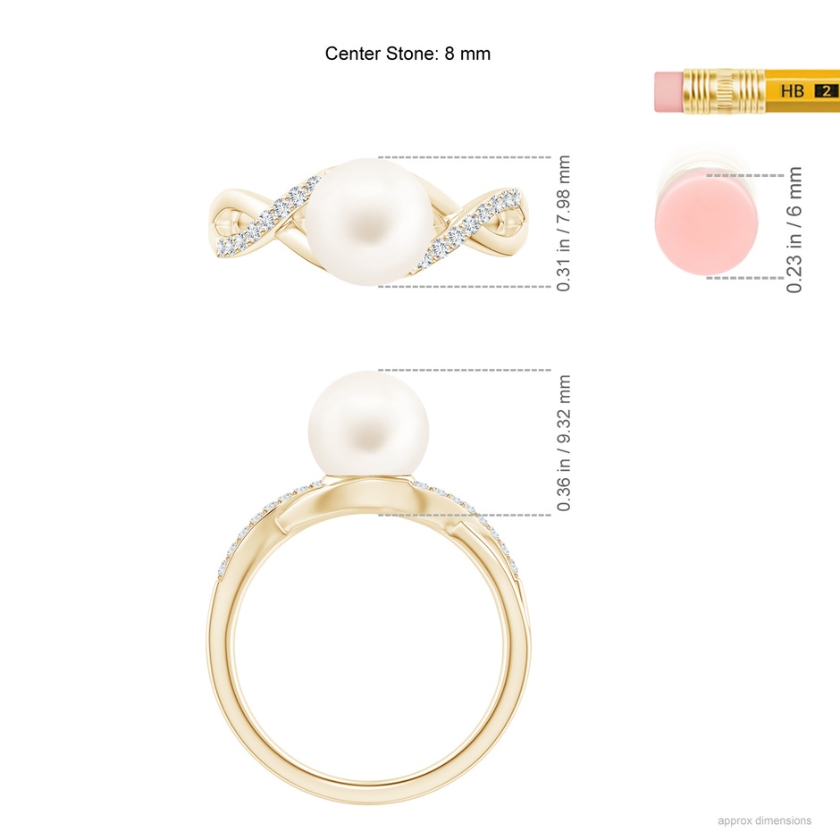 8mm AA Freshwater Pearl Criss Cross Shank Engagement Ring in Yellow Gold ruler