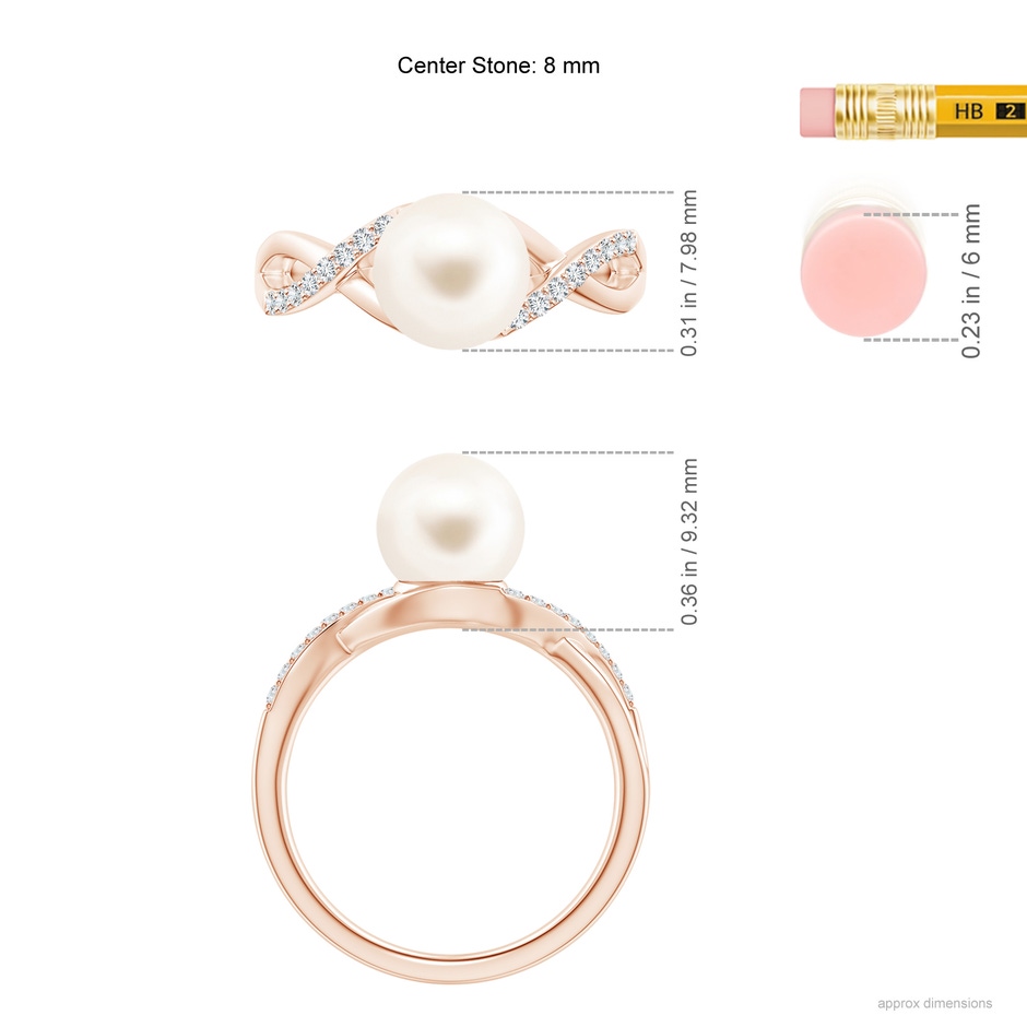 8mm AAA Freshwater Pearl Criss Cross Shank Engagement Ring in Rose Gold ruler