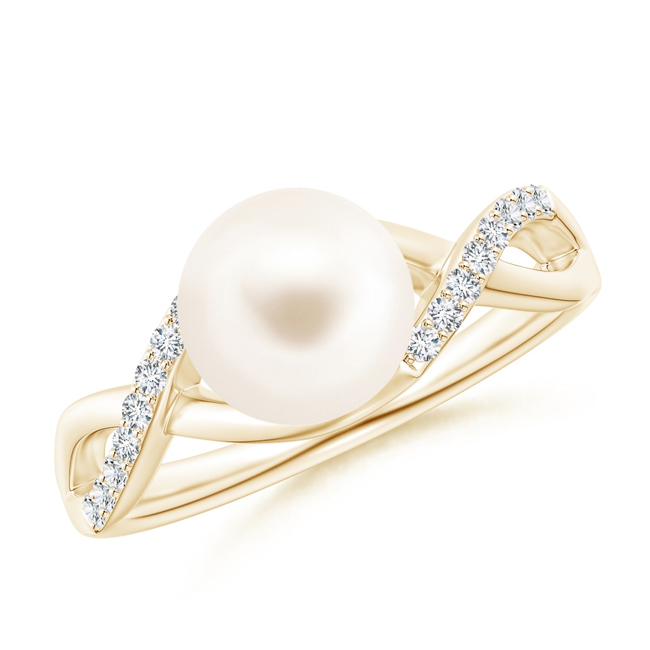 8mm AAA Freshwater Pearl Criss Cross Shank Engagement Ring in Yellow Gold 