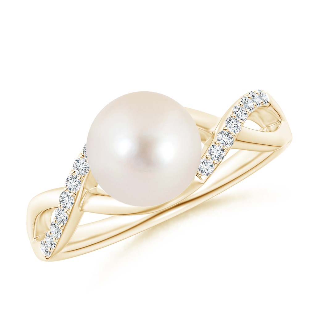 8mm AAAA Freshwater Pearl Criss Cross Shank Engagement Ring in Yellow Gold