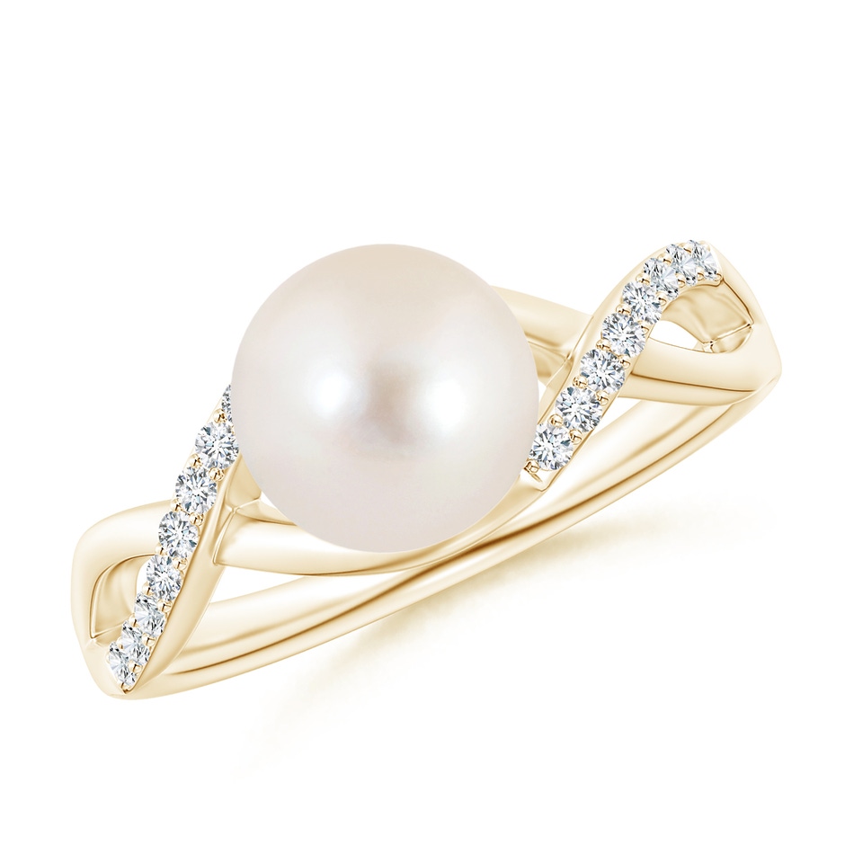 8mm AAAA Freshwater Pearl Criss Cross Shank Engagement Ring in Yellow Gold 