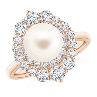 8mm AAA Freshwater Pearl & Graduated Diamond Halo Ring in Rose Gold