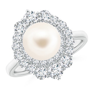 8mm AAA Freshwater Pearl & Graduated Diamond Halo Ring in White Gold