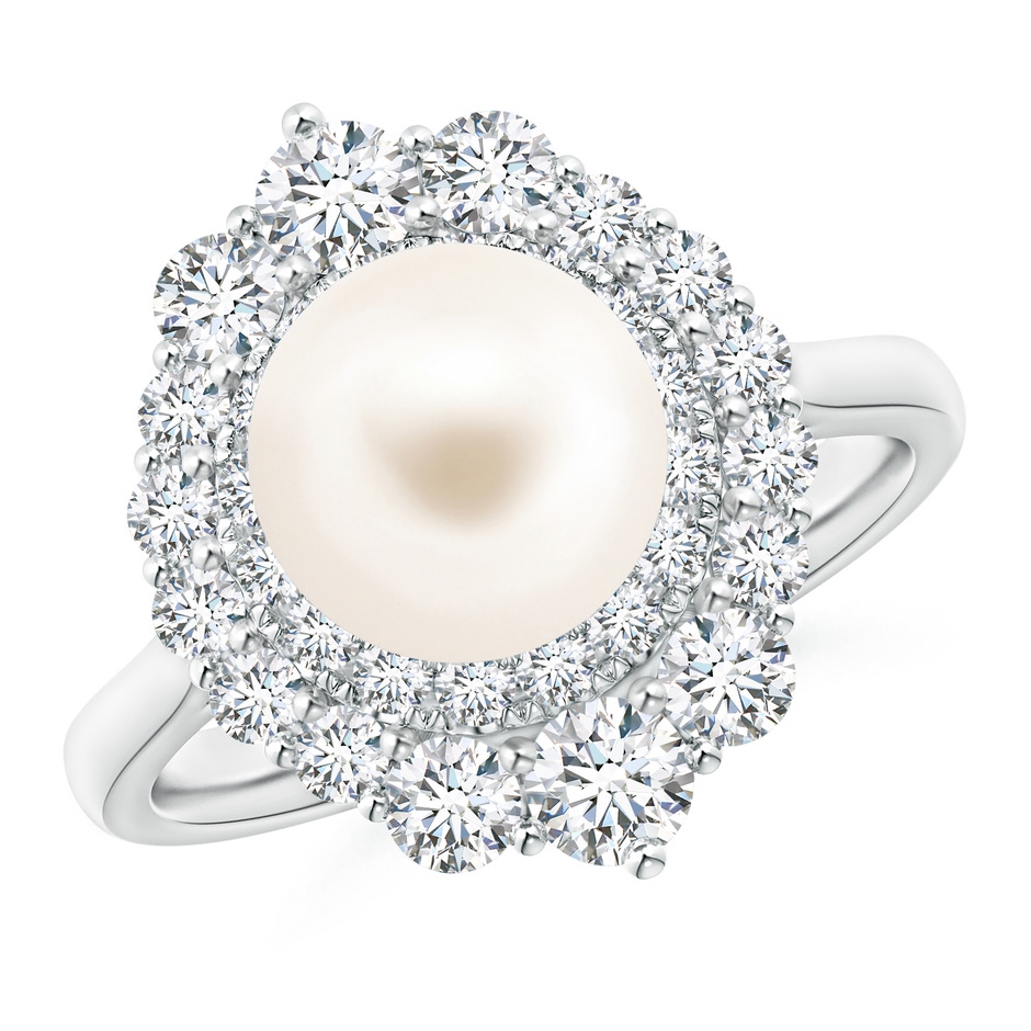 8mm AAA Freshwater Pearl & Graduated Diamond Halo Ring in White Gold 