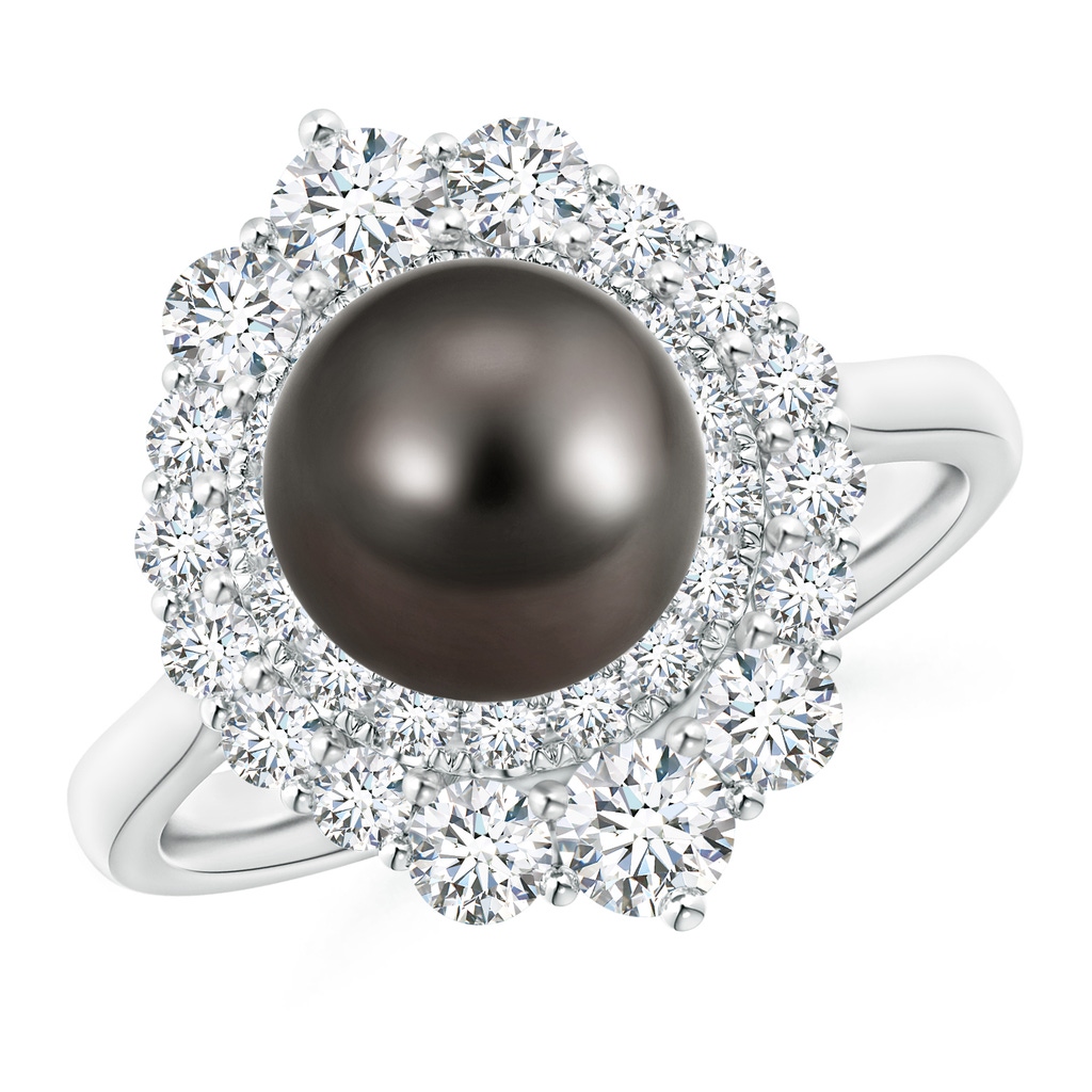 8mm AAA Tahitian Pearl & Graduated Diamond Halo Ring in White Gold