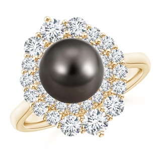 8mm AAA Tahitian Pearl & Graduated Diamond Halo Ring in Yellow Gold