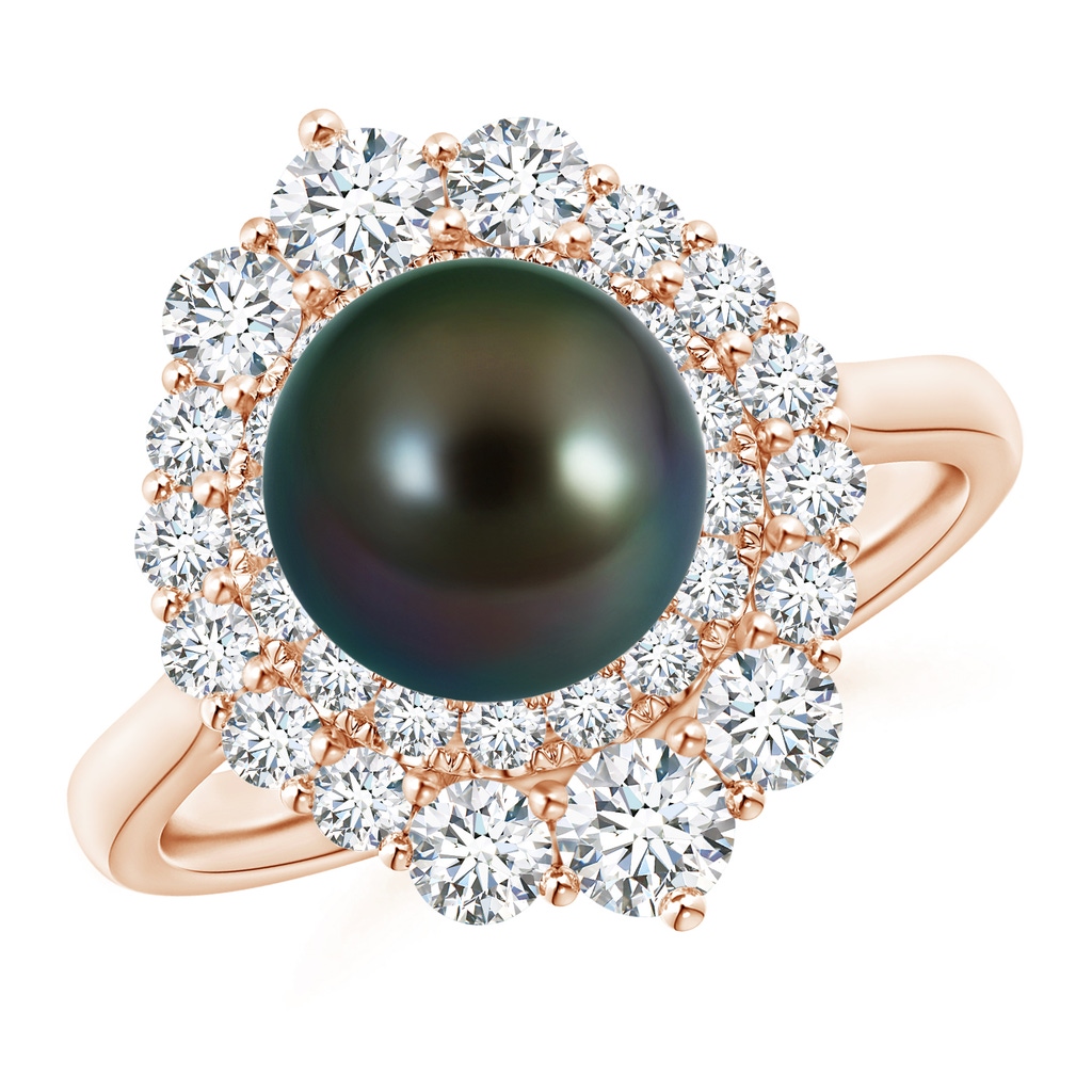 8mm AAAA Tahitian Pearl & Graduated Diamond Halo Ring in Rose Gold