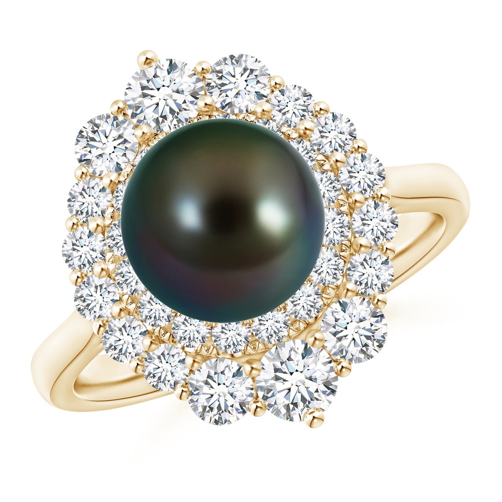 8mm AAAA Tahitian Pearl & Graduated Diamond Halo Ring in Yellow Gold