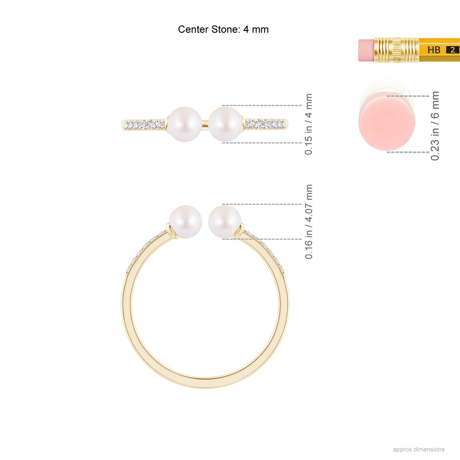 4mm AA Two Stone Japanese Akoya Pearl Open Stackable Ring in Yellow Gold ruler