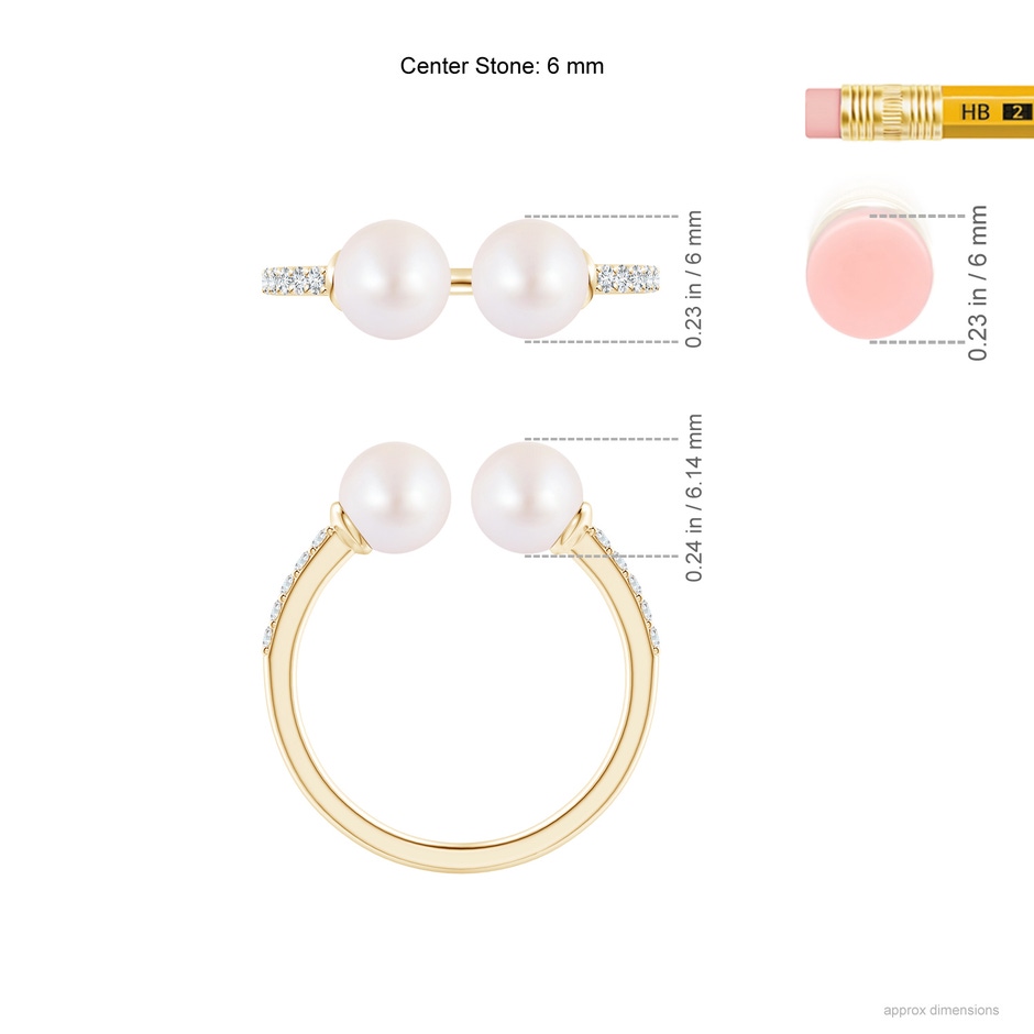 6mm AA Two Stone Japanese Akoya Pearl Open Stackable Ring in Yellow Gold ruler