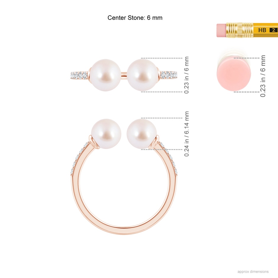 6mm AAA Two Stone Japanese Akoya Pearl Open Stackable Ring in Rose Gold ruler
