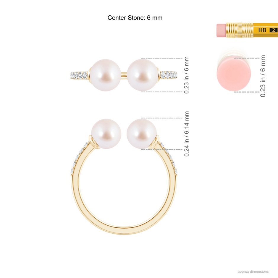 6mm AAA Two Stone Japanese Akoya Pearl Open Stackable Ring in Yellow Gold ruler