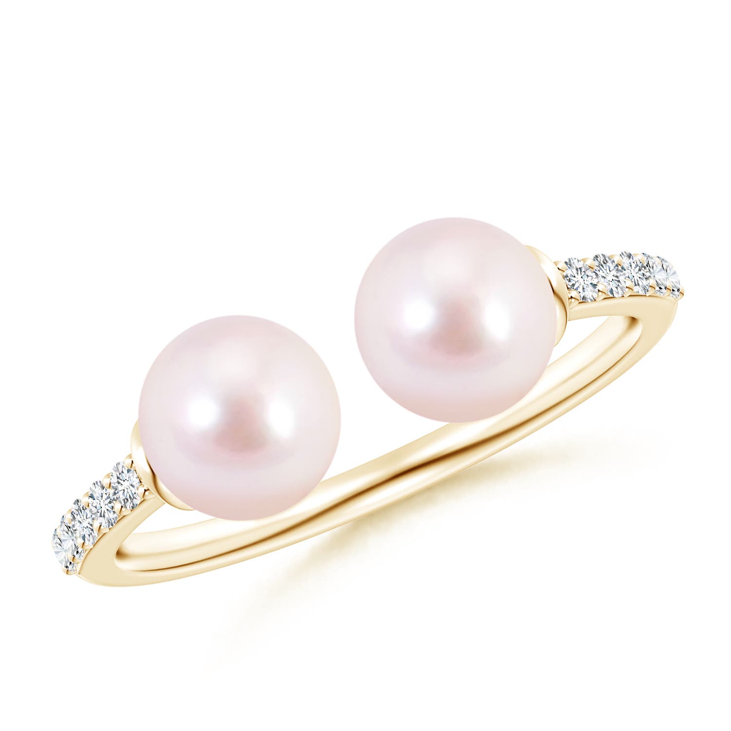 6mm AAAA Two Stone Japanese Akoya Pearl Open Stackable Ring in Yellow Gold