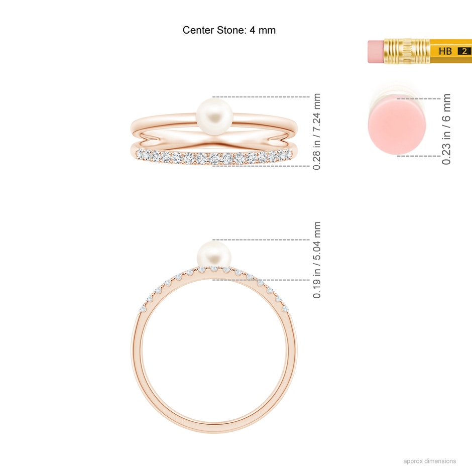 4mm AAA Freshwater Pearl Dual Shank Ring with Diamonds in Rose Gold ruler