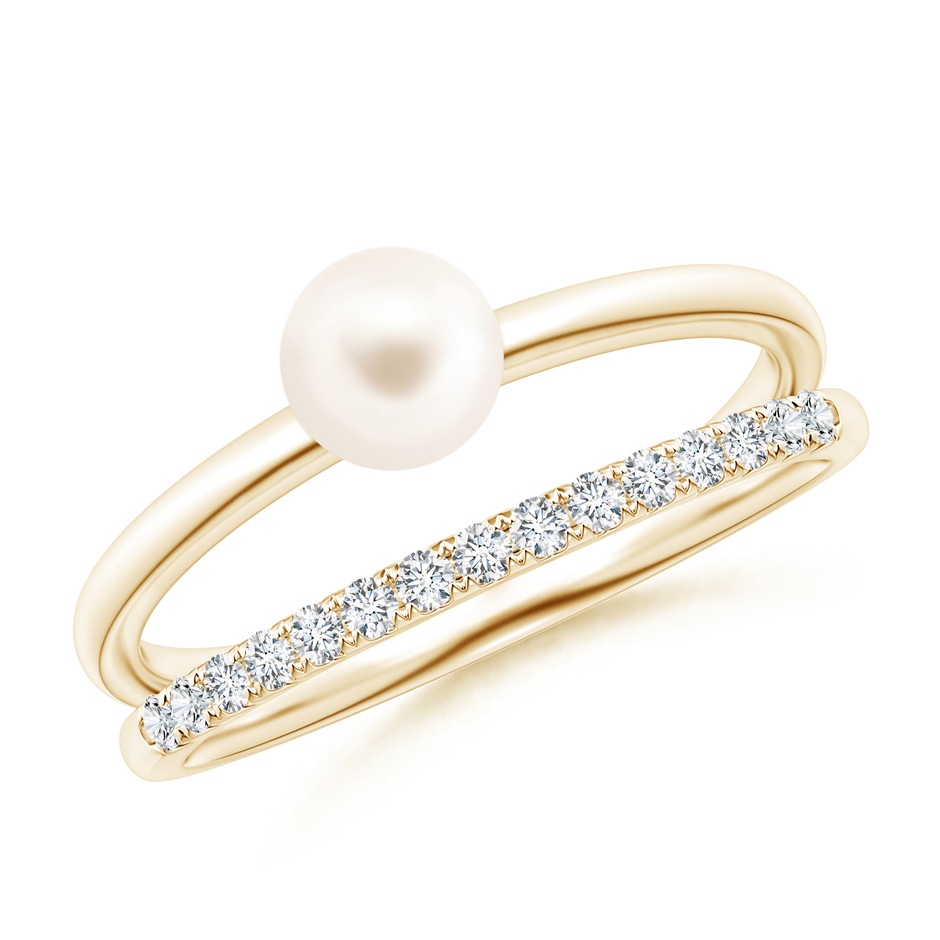 5mm AAA Freshwater Pearl Dual Shank Ring with Diamonds in Yellow Gold 