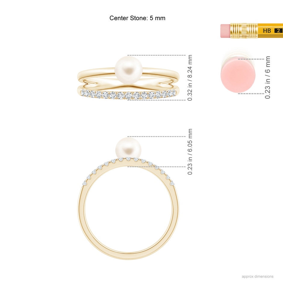 5mm AAA Freshwater Pearl Dual Shank Ring with Diamonds in Yellow Gold ruler