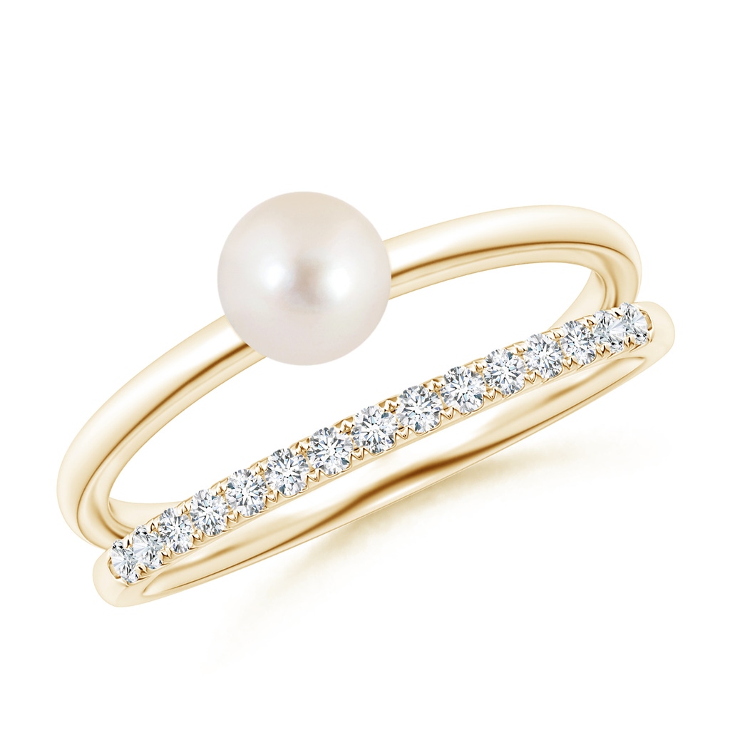 5mm AAAA Freshwater Pearl Dual Shank Ring with Diamonds in Yellow Gold
