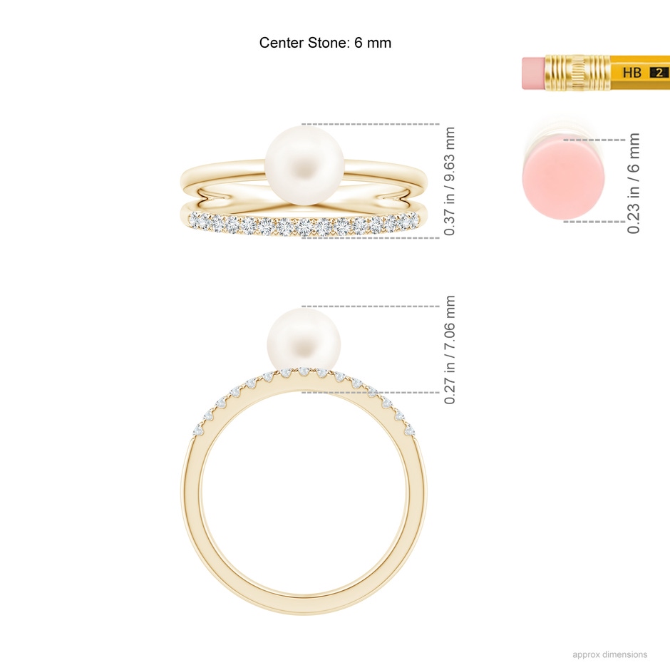 6mm AA Freshwater Pearl Dual Shank Ring with Diamonds in Yellow Gold ruler