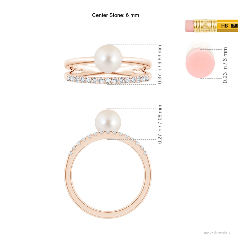 6mm AAAA Freshwater Pearl Dual Shank Ring with Diamonds in Rose Gold ruler