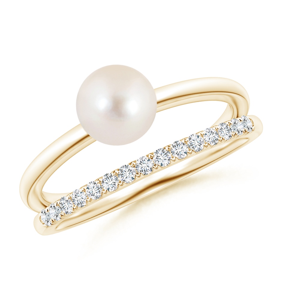 6mm AAAA Freshwater Pearl Dual Shank Ring with Diamonds in Yellow Gold 