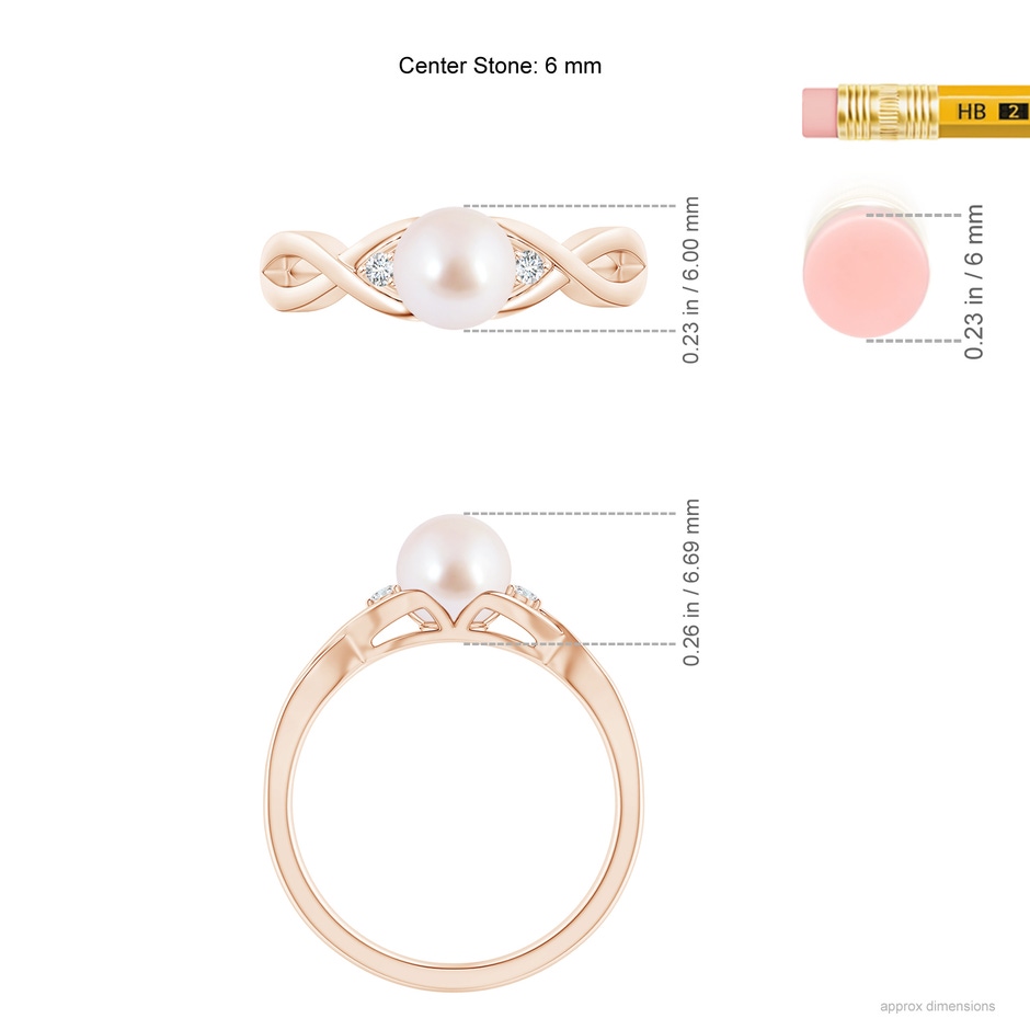6mm AAA Japanese Akoya Pearl & Diamond Criss Cross Shank Ring in Rose Gold ruler